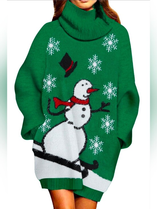 Sweaters - 💜Women’s Green Snowman Turtleneck Sweater Dress